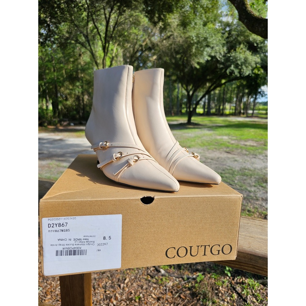Coutgo Womens Buckle Strap Ankle Booties Kitten Heel Beige Gold Hardware 8.5 NEW